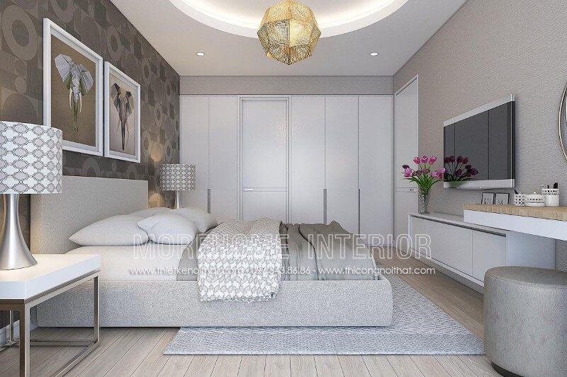 Hô biến phòng ngủ sang trọng và linh hoạt với mẫu giường ngủ gỗ công nghiệp bọc vải màu xám tinh tế