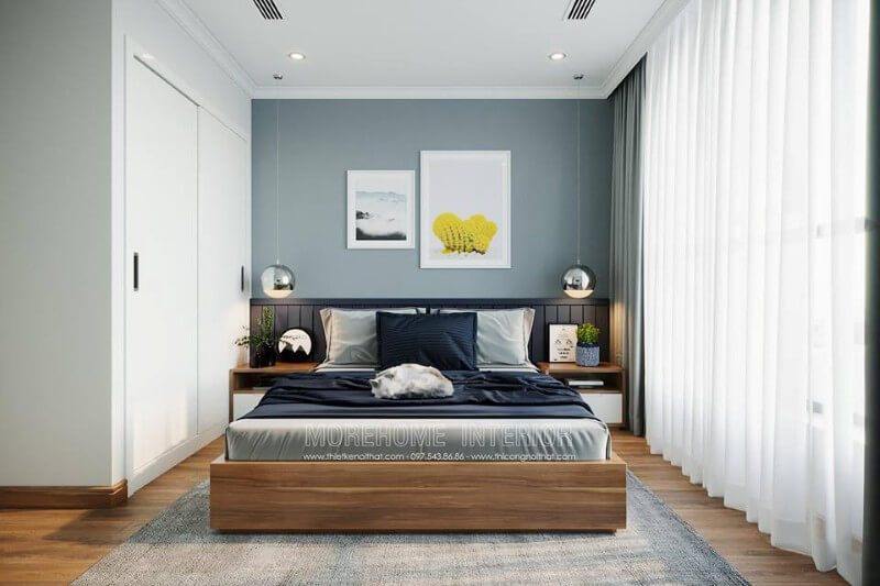 Đồ nội thất như giường ngủ, kệ tivi, tab đầu giường được làm từ chất liệu gỗ công nghiệp với thiết kế đẹp mắt và an toàn.