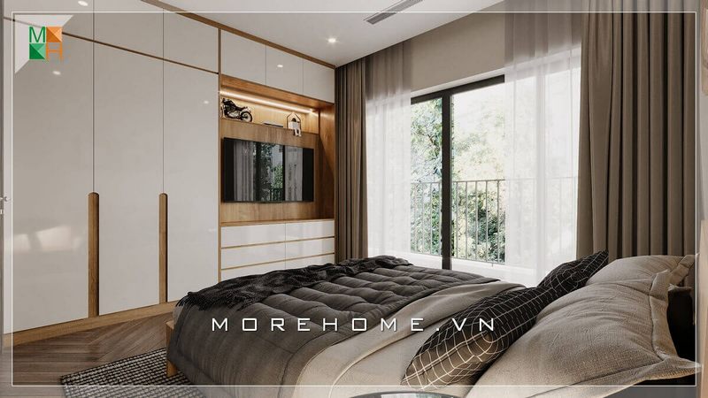 Mẫu thiết kế phòng ngủ phong cách hiện đại được áp dụng cho cả nhà phố và biệt thự, sử dụng gỗ công nghiệp cao cấp, cùng với hệ cửa kính cường lực lớn để lấy ánh sáng tự nhiên, giúp không gian căn phòng trở nên thoáng đãng hơn.